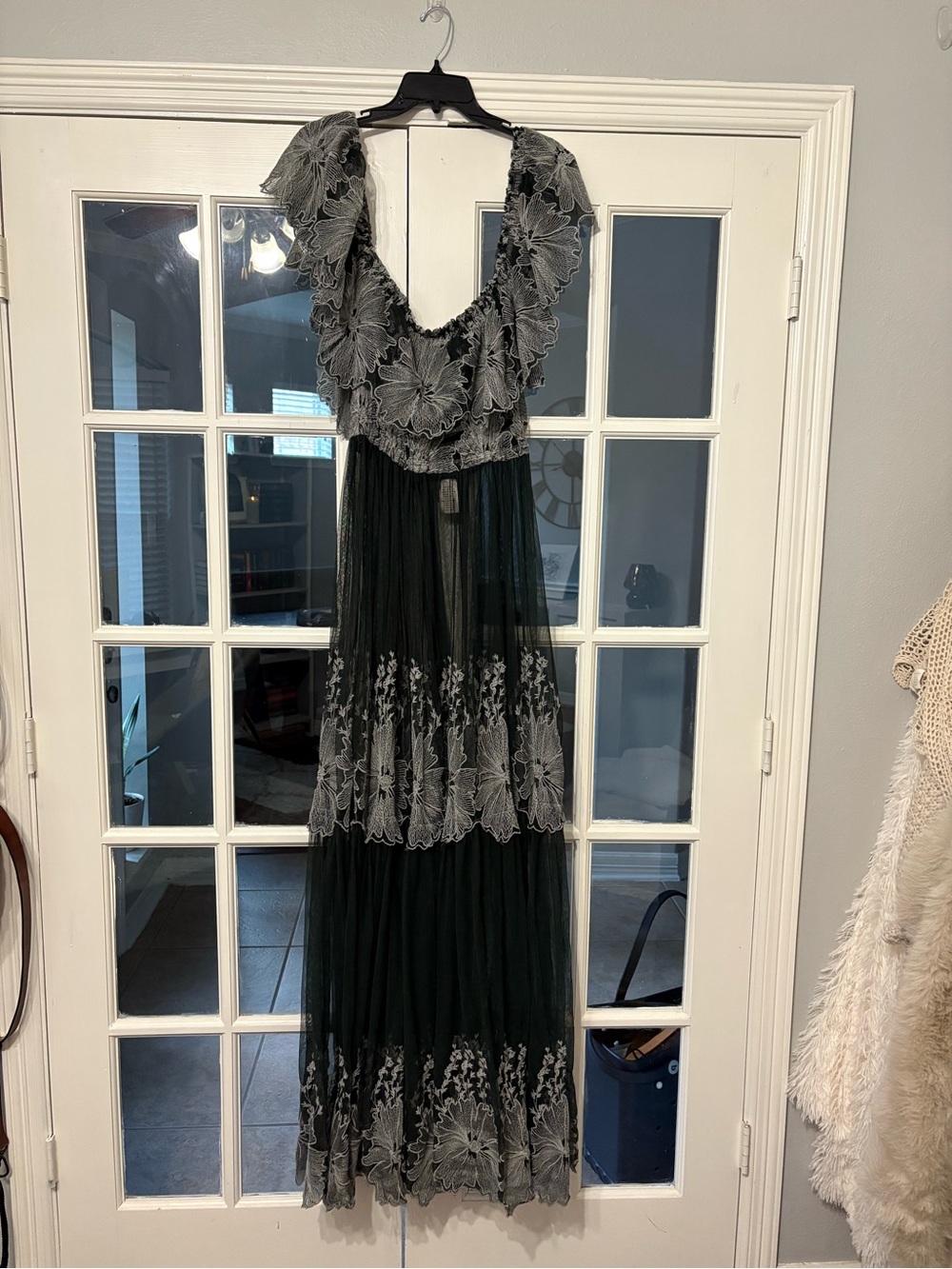 Dark Geeen Sheer Lace Maxi Dress with Floral Embroidery